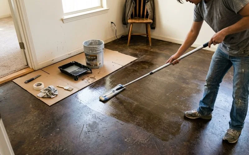 Applying a fresh topcoat over a stained concrete floor