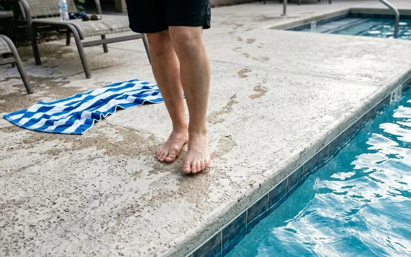 Bare feet on a light-colored textured pool deck edge near water