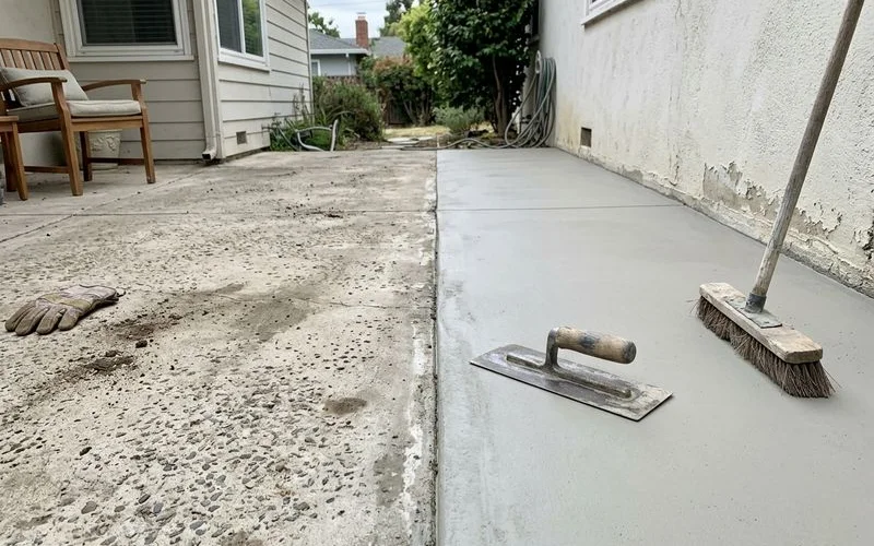 Before-and-after of a resurfaced concrete surface