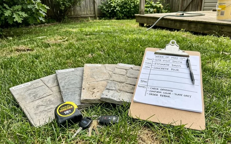 Project scheduling notes beside concrete stamp sample boards