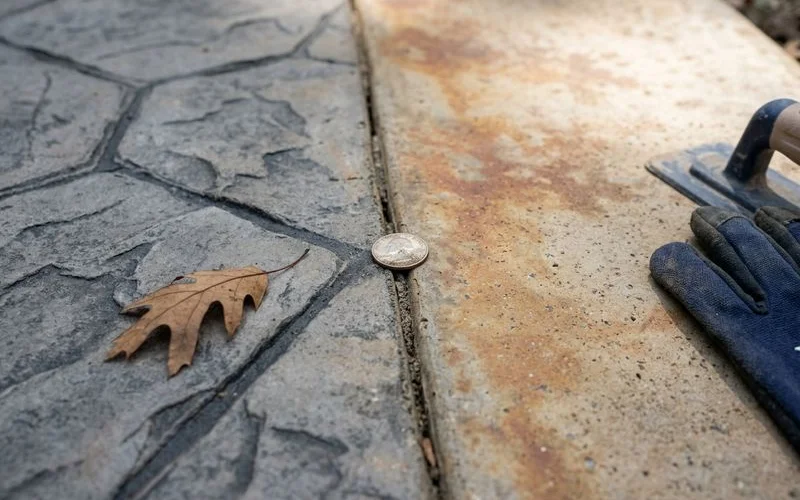 Close-up comparing a stamped slate texture and a mottled acid-stain color