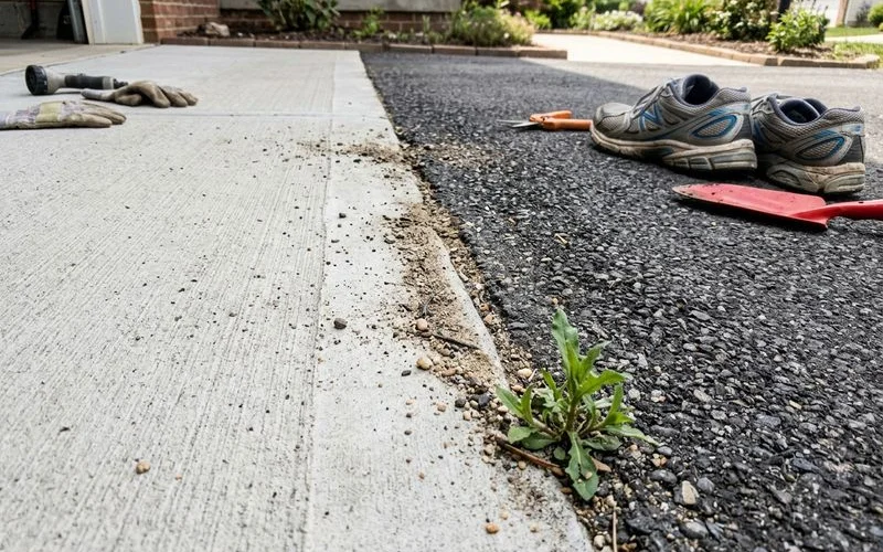 Close-up comparing concrete and asphalt surface textures