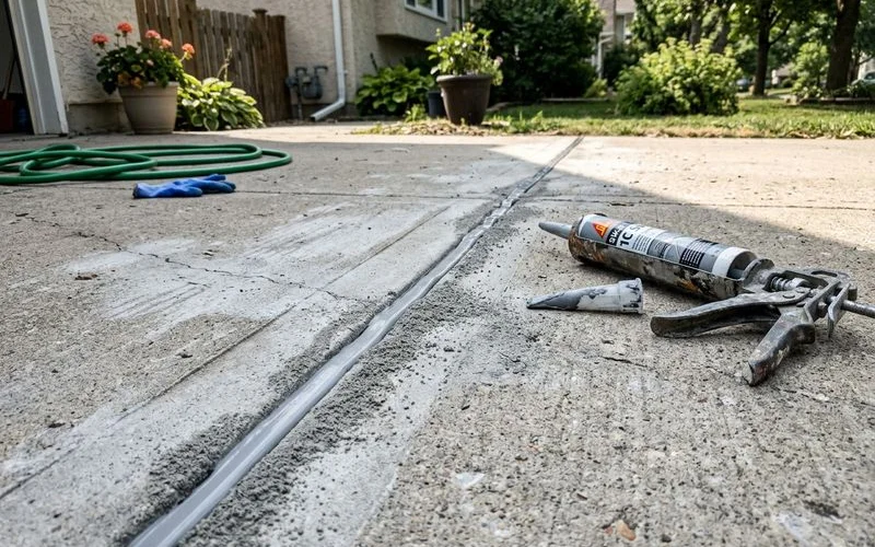 Close-up of a saw-cut control joint in a concrete slab