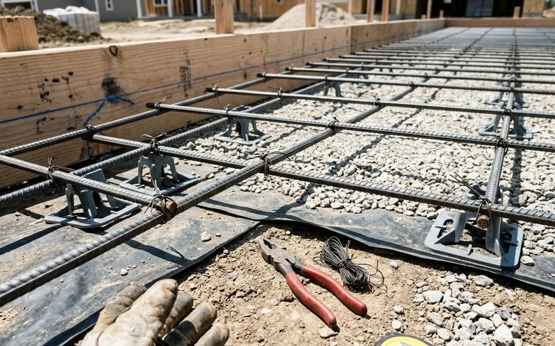 Steel rebar grid laid over compacted subgrade before a concrete pour