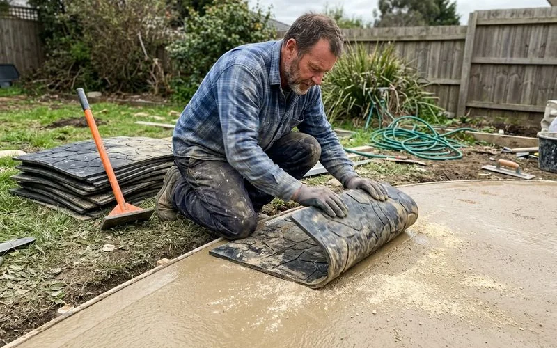 Craftsman pressing a texturing mat into wet colored concrete