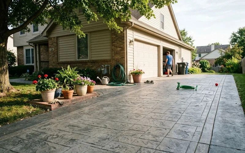 Finished stamped concrete driveway showing decorative borders