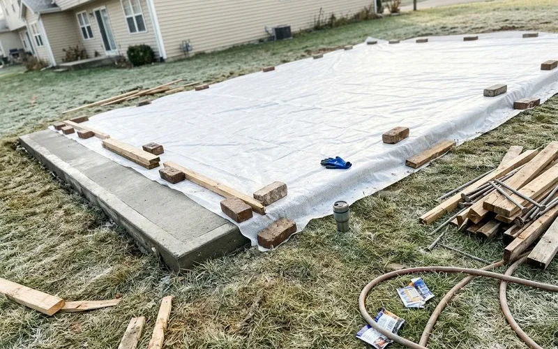 Freshly poured slab under a curing membrane in cool autumn conditions