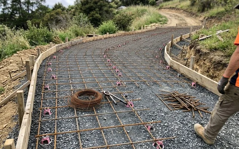 Heavy #5 rebar grid tied on chairs over the compacted stone base