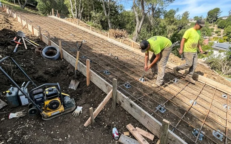 Heavy rebar reinforcement on a graded hillside before a pour