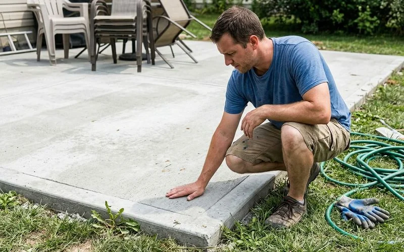Homeowner testing a new patio surface by hand