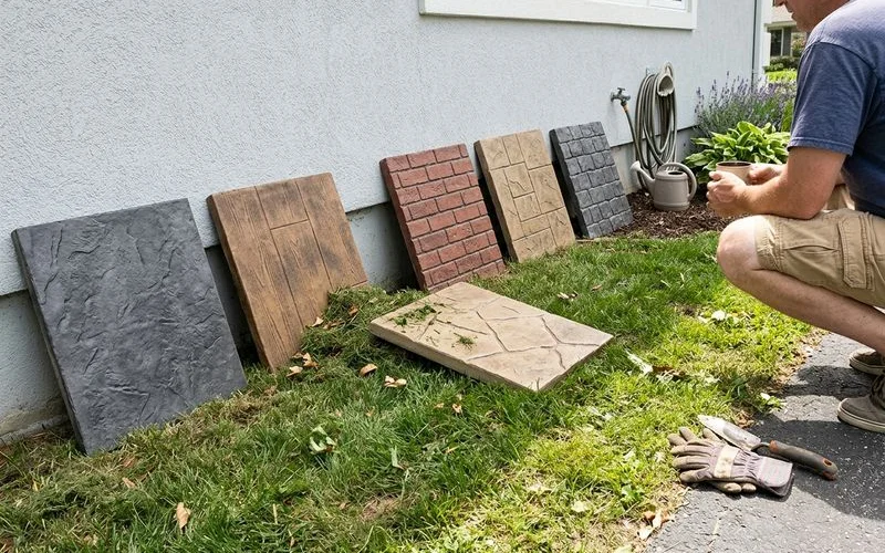 Stamped concrete color and pattern sample boards laid out for comparison