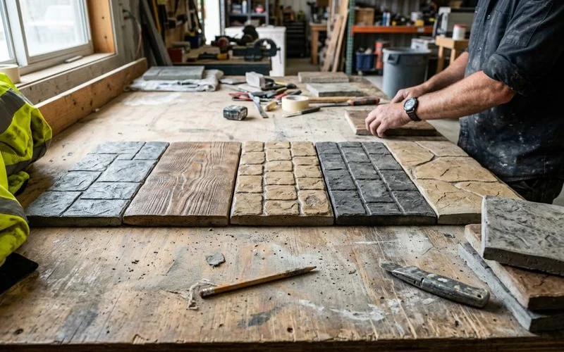 Row of stamped concrete color and pattern sample tiles
