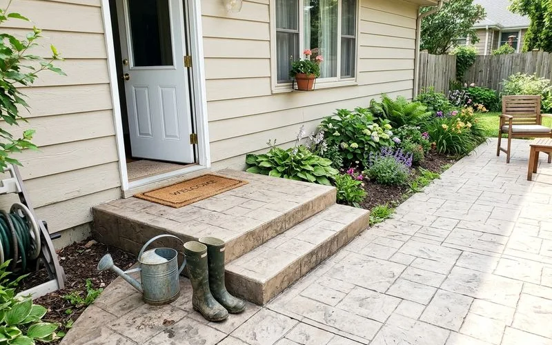 Stamped concrete patio connecting to a home's back entry