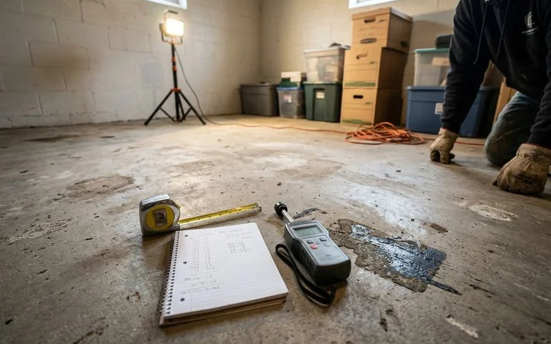 Tape measure, notepad and moisture meter during a basement slab assessment