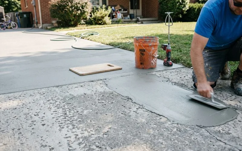 Micro-topping being applied over a sound but worn driveway surface