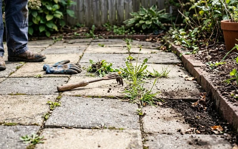 Weeds growing between settled paver joints