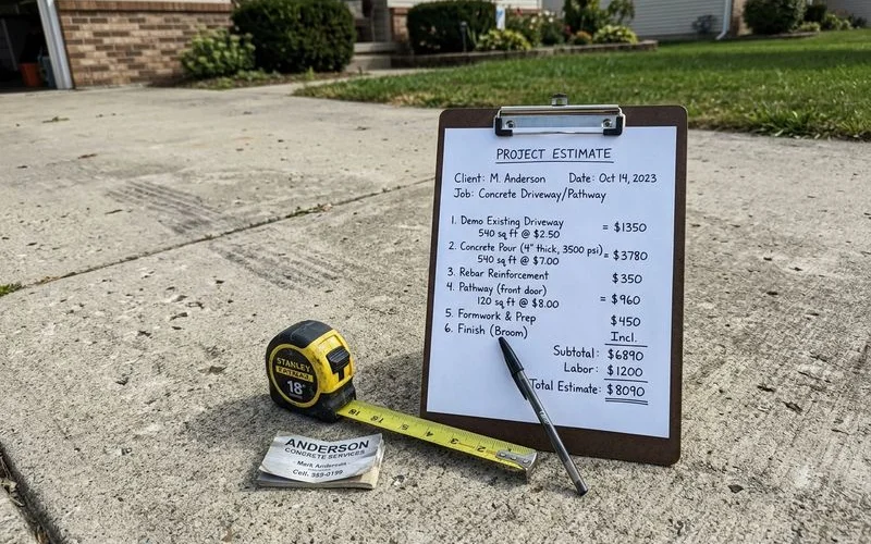 Estimate paperwork on a clipboard beside a driveway