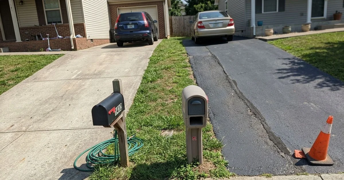 A concrete driveway and an asphalt driveway on neighboring homes