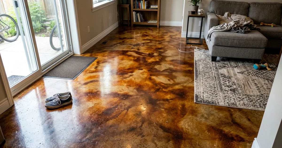 A stained concrete basement floor next to a glossy epoxy floor