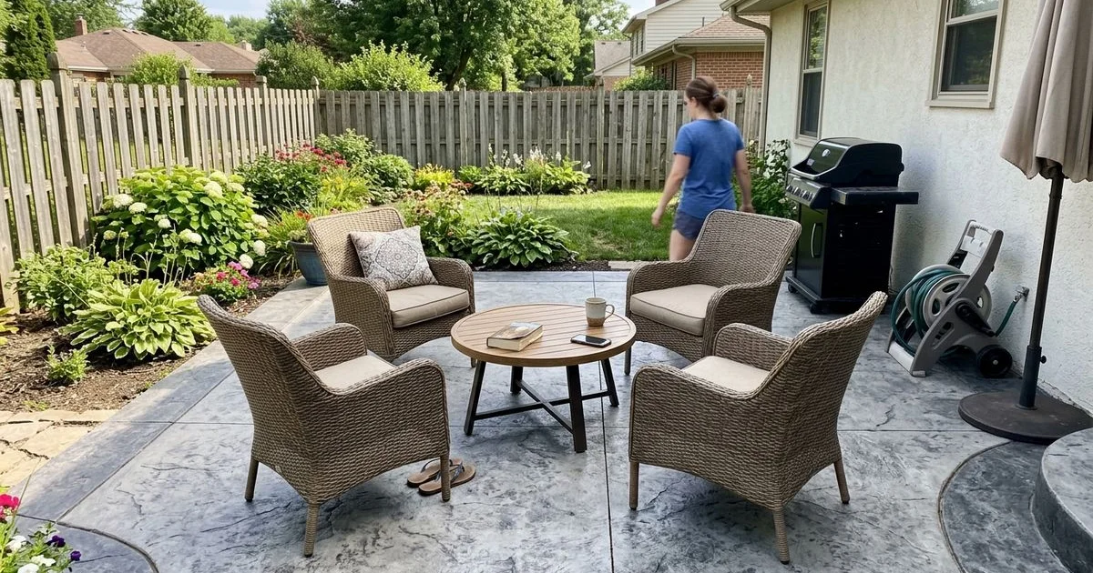 Backyard stamped concrete patio with border banding and outdoor furniture