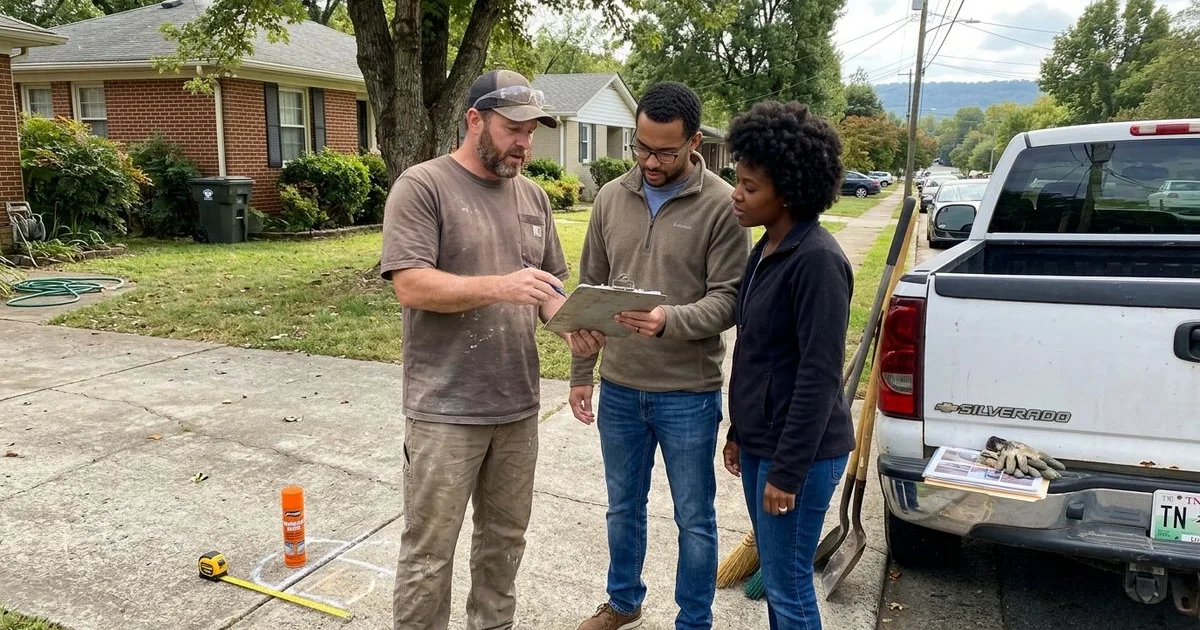 Concrete craftsman reviewing a project layout with a homeowner beside a fresh driveway pour