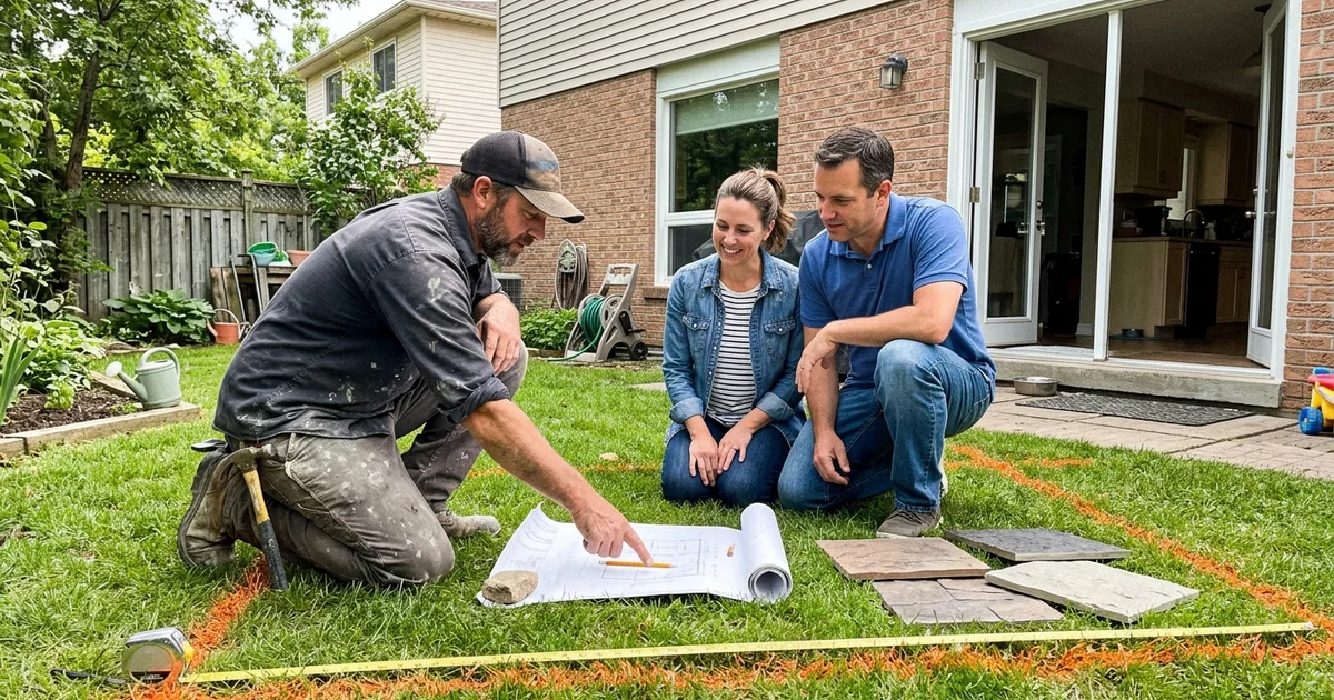 Arthur Vance reviewing a project layout with homeowners in their back yard