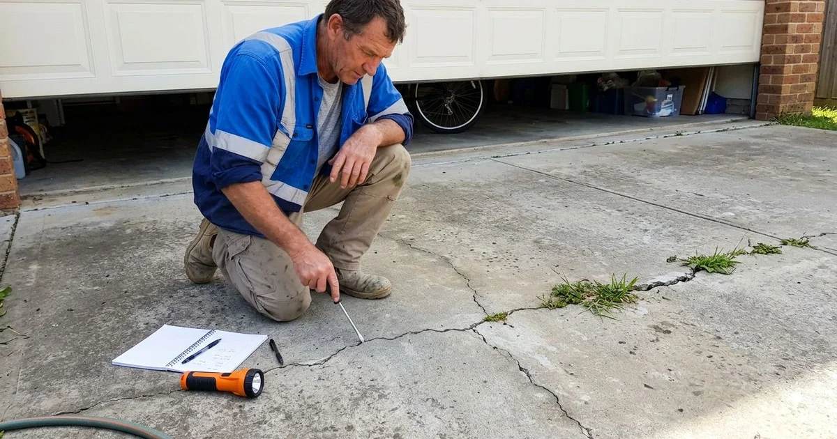 Contractor inspecting cracks in a residential concrete driveway
