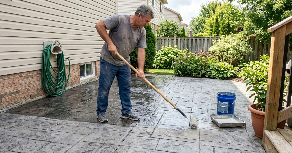 Applying a wet-look sealer to a stamped concrete patio with a roller