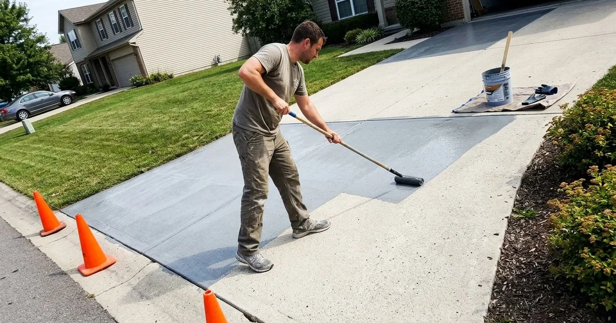 Rolling fresh sealer onto a concrete driveway