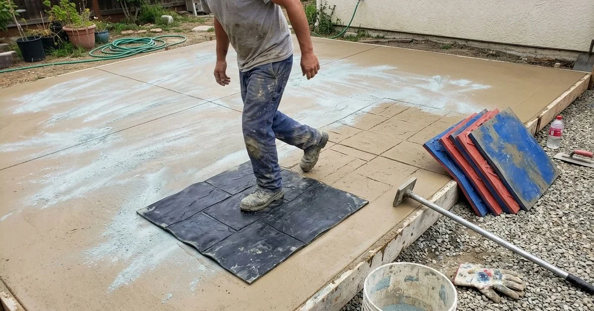 Craftsman stamping a pattern into freshly poured colored concrete