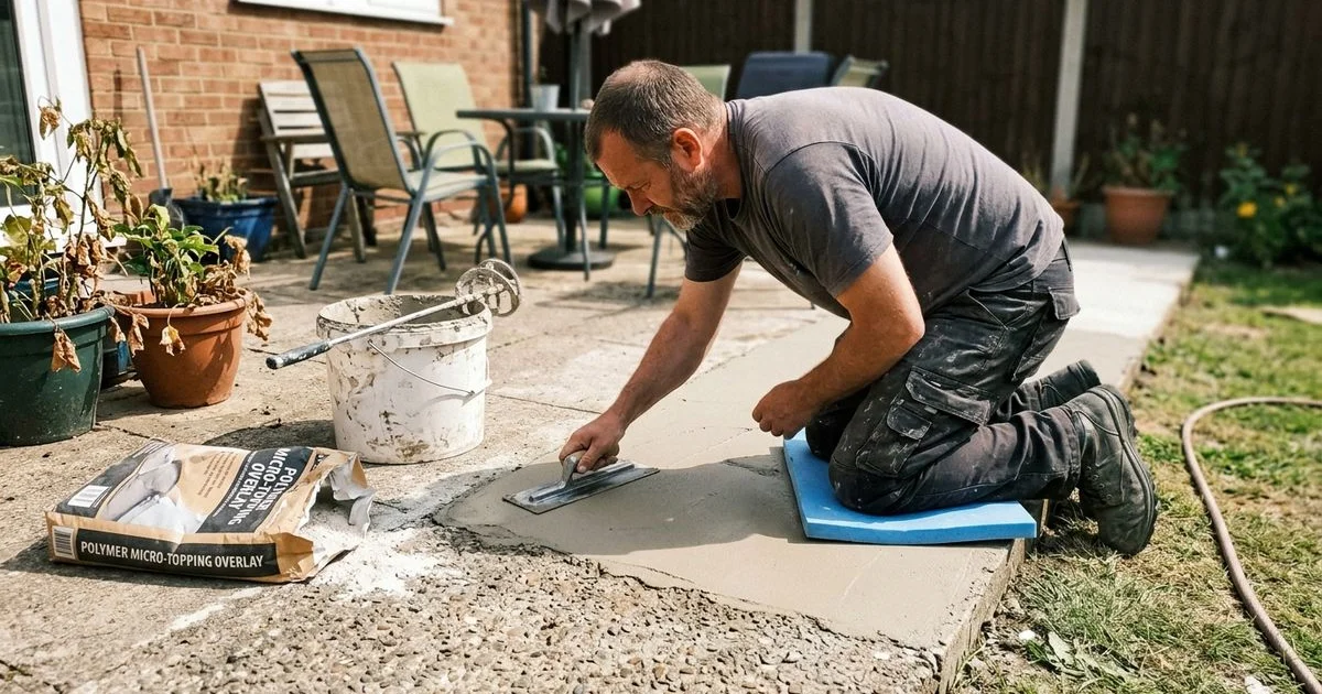 Troweling a thin micro-topping overlay onto an old concrete patio