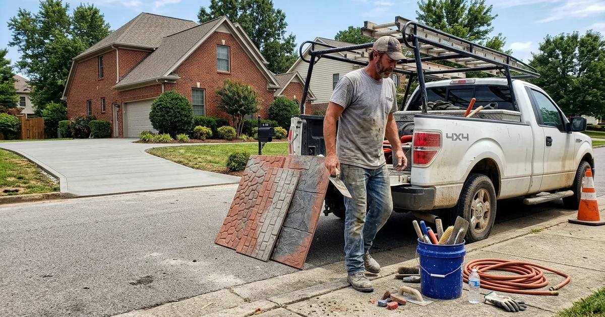 Arthur Vance beside his work truck at the edge of a finished Chattanooga driveway