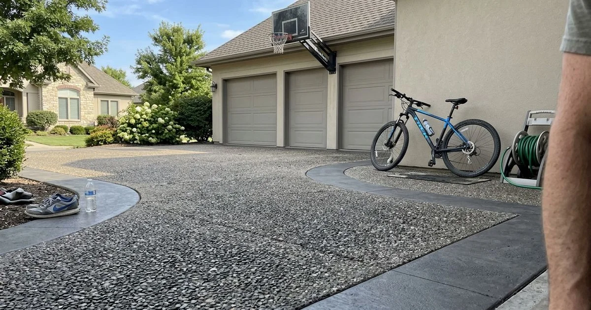 Exposed aggregate concrete driveway with a smooth border