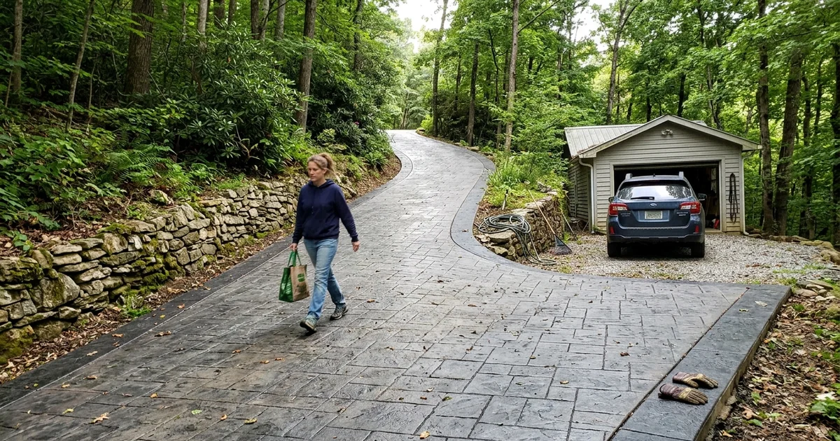 Finished Ashlar slate stamped concrete driveway on a steep Signal Mountain lot