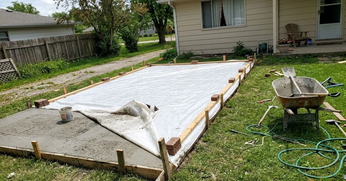 Freshly poured concrete slab with a curing membrane in a residential setting