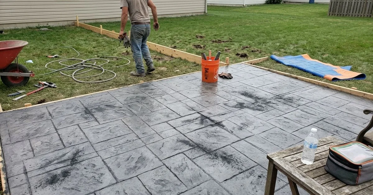 Freshly stamped Ashlar slate pattern concrete patio