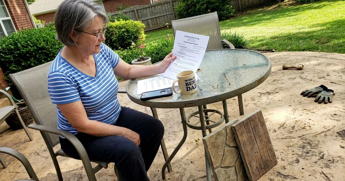 Homeowner reviewing a project estimate beside stamped concrete sample boards