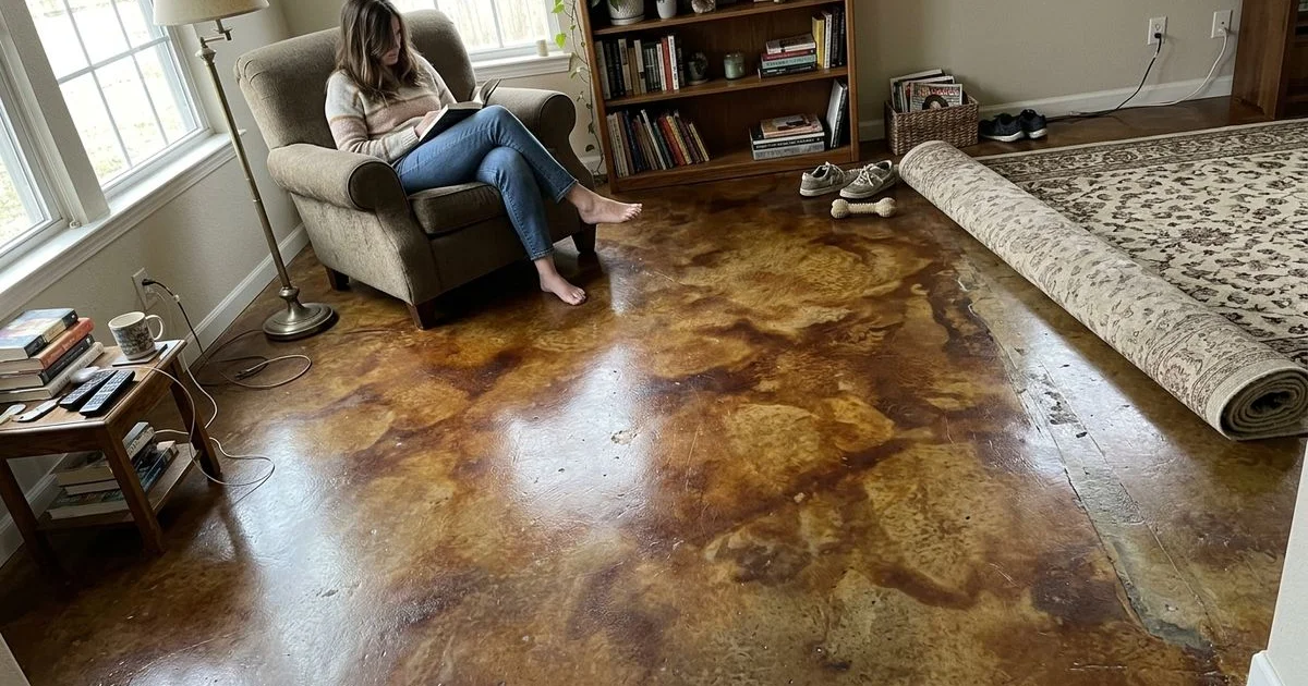 Mottled brown and amber acid-stained concrete floor indoors
