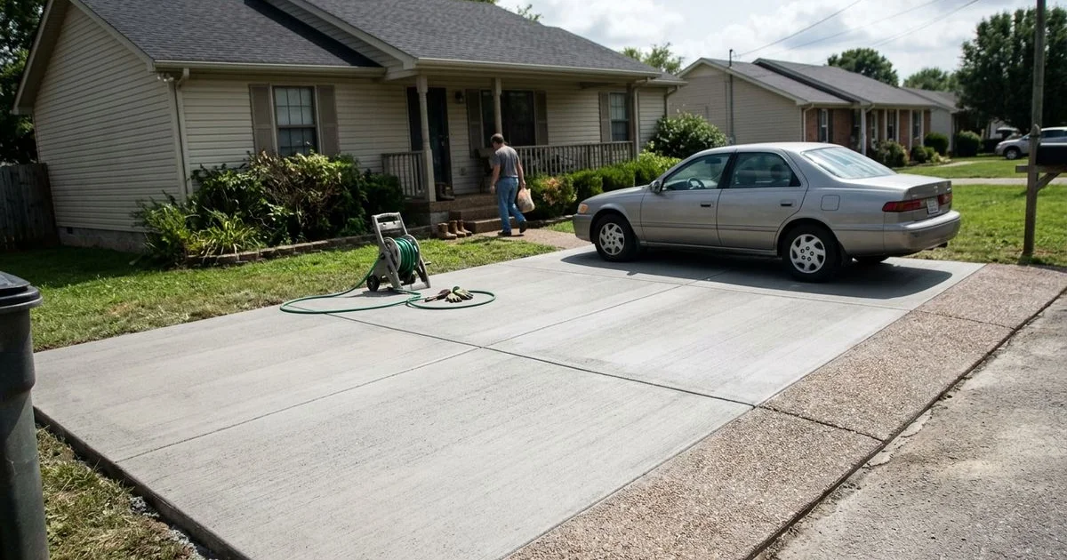 Newly finished concrete driveway in front of a suburban home