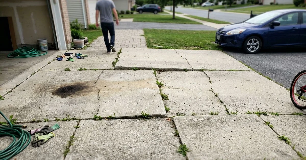 Old residential concrete driveway with deep cracks and settling