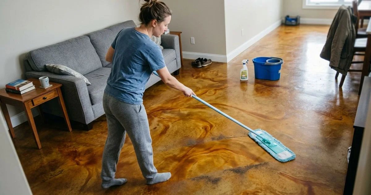 Person dust-mopping a glossy stained concrete floor