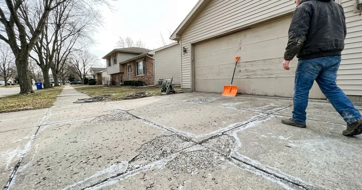 Concrete driveway with visible spalling and surface flaking after winter