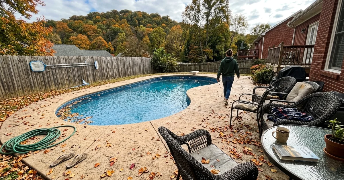 Stamped concrete patio and pool deck surround in early autumn light