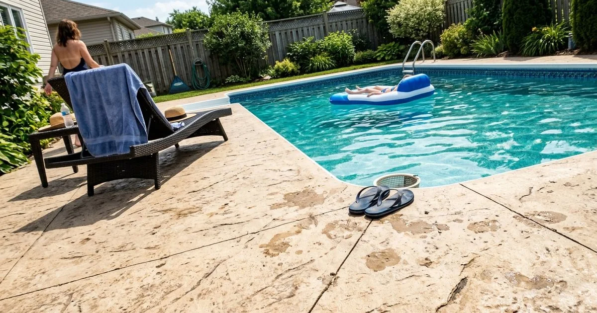 Stamped concrete pool deck surround with a textured slip-resistant finish