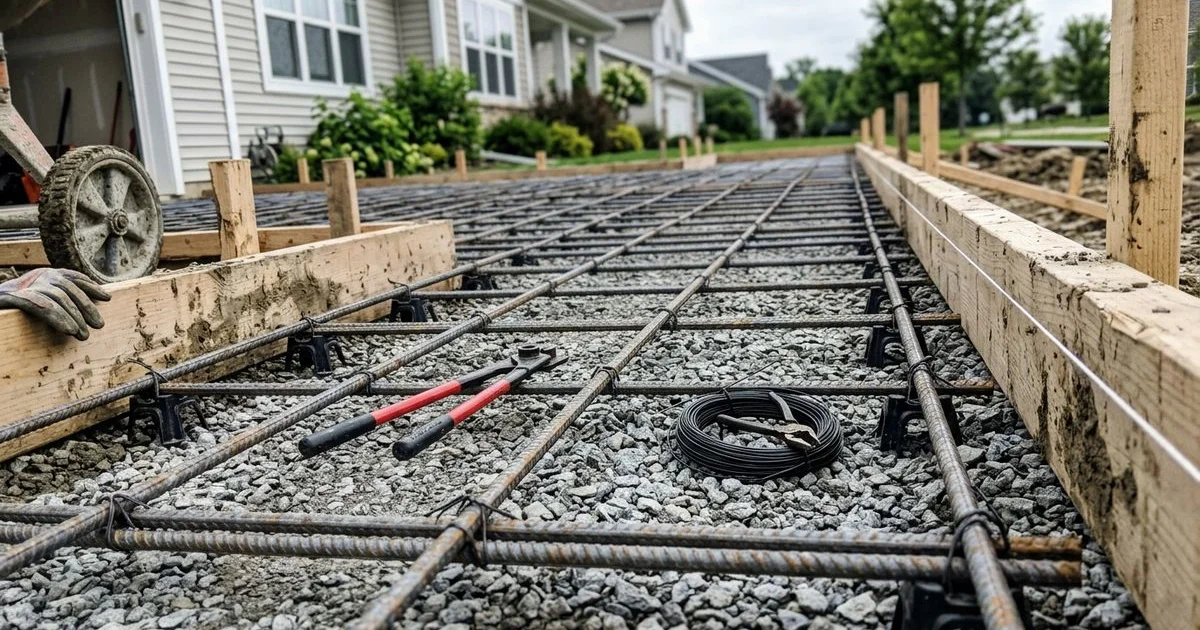Rebar grid laid over a compacted gravel base before a driveway pour