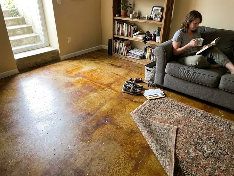 Mottled amber and brown acid-stained concrete basement floor