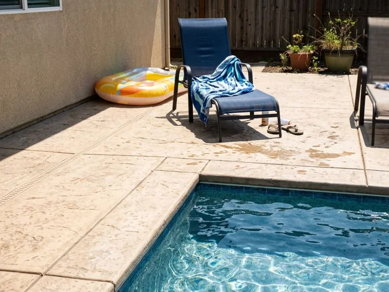 Textured slip-resistant stamped concrete pool deck surround
