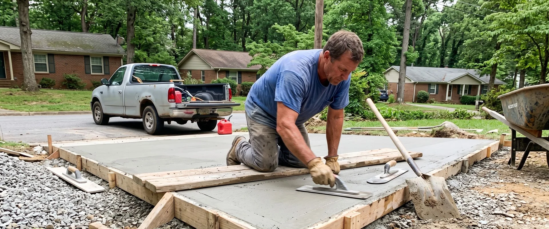 Concrete craftsman finishing a residential driveway