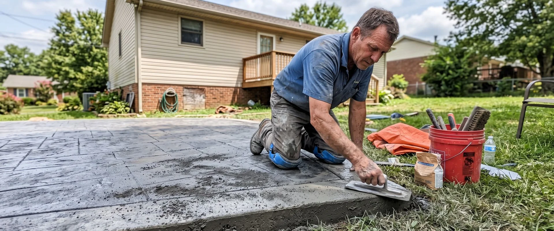 Arthur Vance kneeling beside a freshly stamped slate-pattern concrete patio