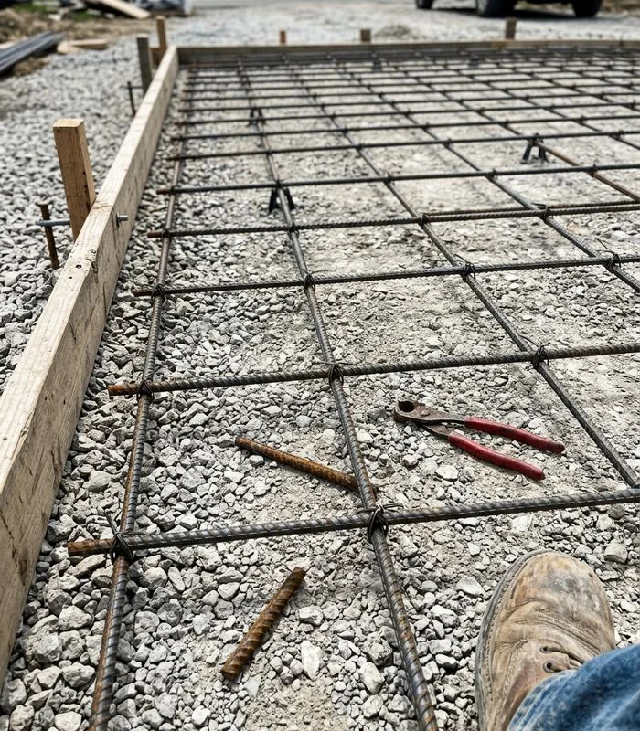 Tied rebar grid on chairs over a compacted crushed-stone base before a driveway pour